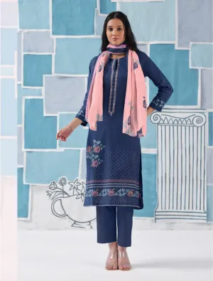 Unstitched Blue Cotton Suit for Women with Embroidery