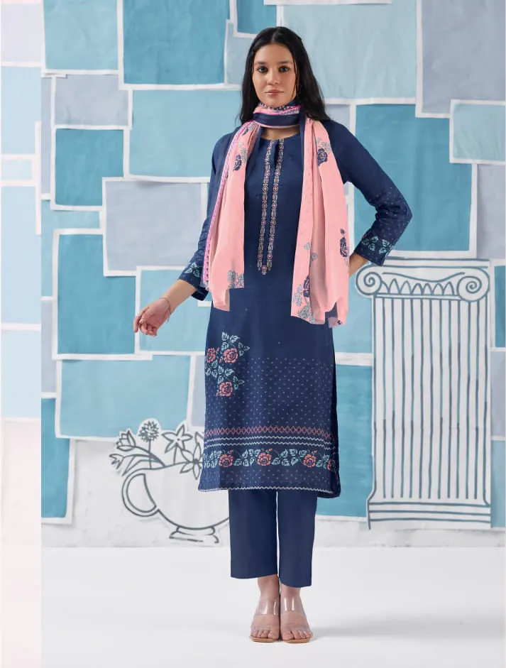 Unstitched Blue Cotton Suit for Women with Embroidery