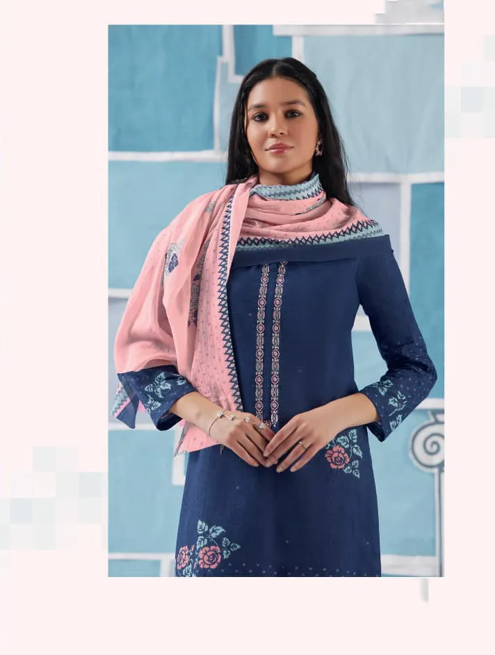 Unstitched Blue Cotton Suit for Women with Embroidery