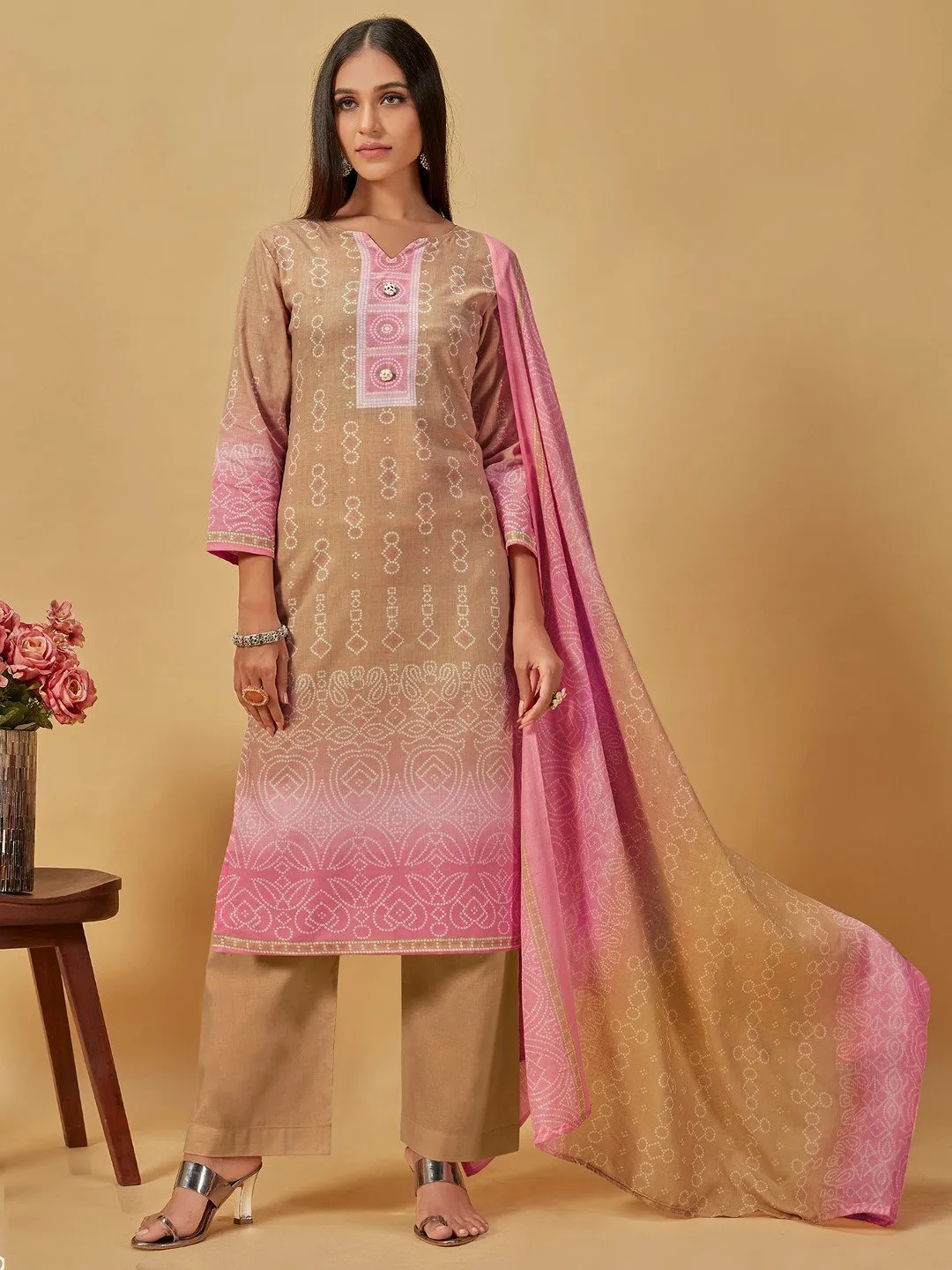 Unstitched Cotton Beige Suit Dress Material for Ladies