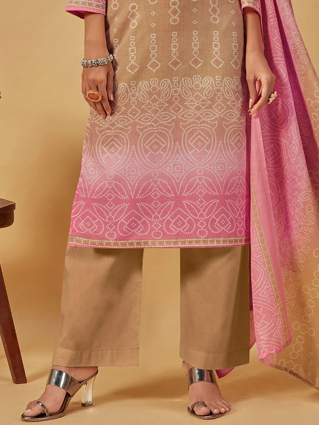 Unstitched Cotton Beige Suit Dress Material for Ladies