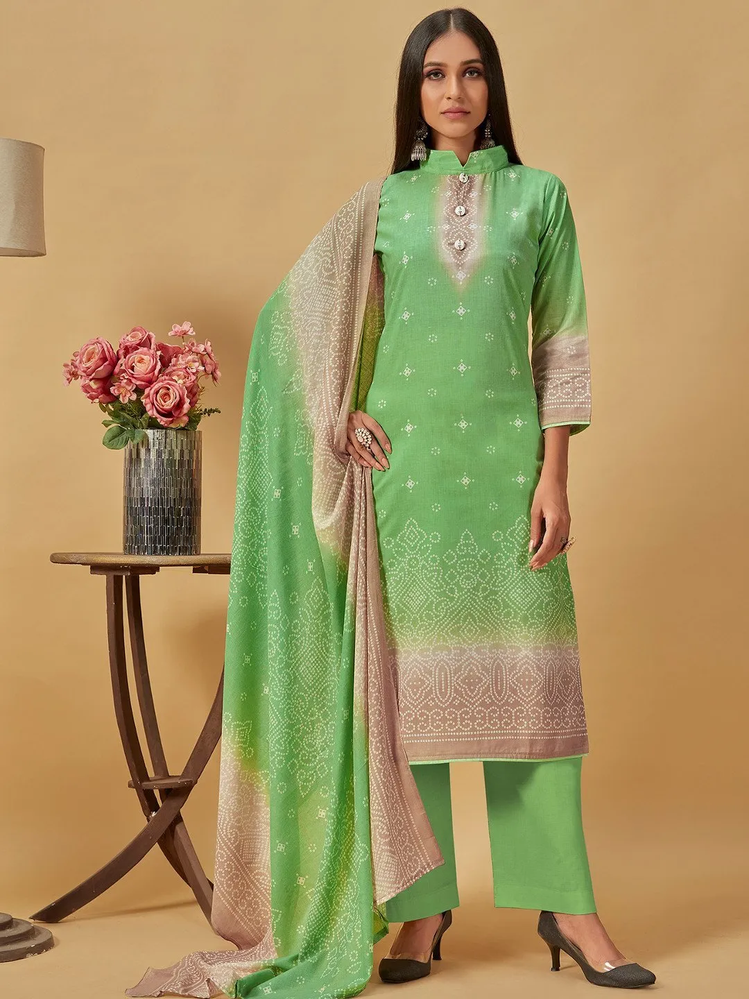 Unstitched Cotton Green Suit Dress Material for Ladies