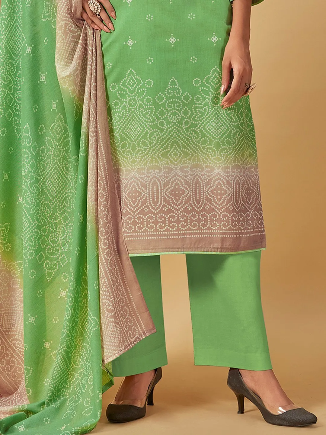 Unstitched Cotton Green Suit Dress Material for Ladies