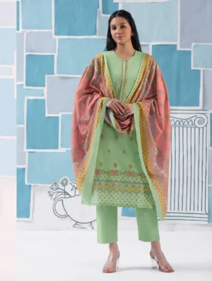 Unstitched Green Cotton Suit for Women with Embroidery