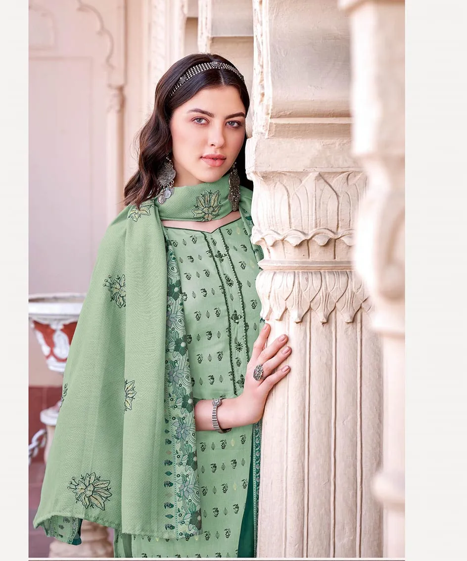 Unstitched Green Cotton Suits Dress Material for Ladies