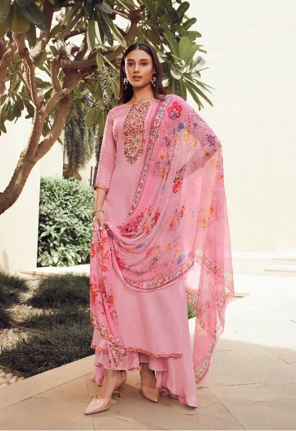 Unstitched Pink Cotton Satin Salwar Suit Material with Chiffon Dupatta