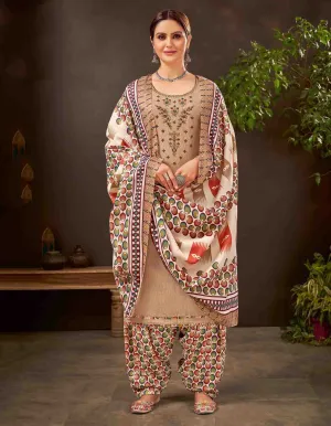 Unstitched Pure Cotton Women Beige Punjabi Suit Dress Material