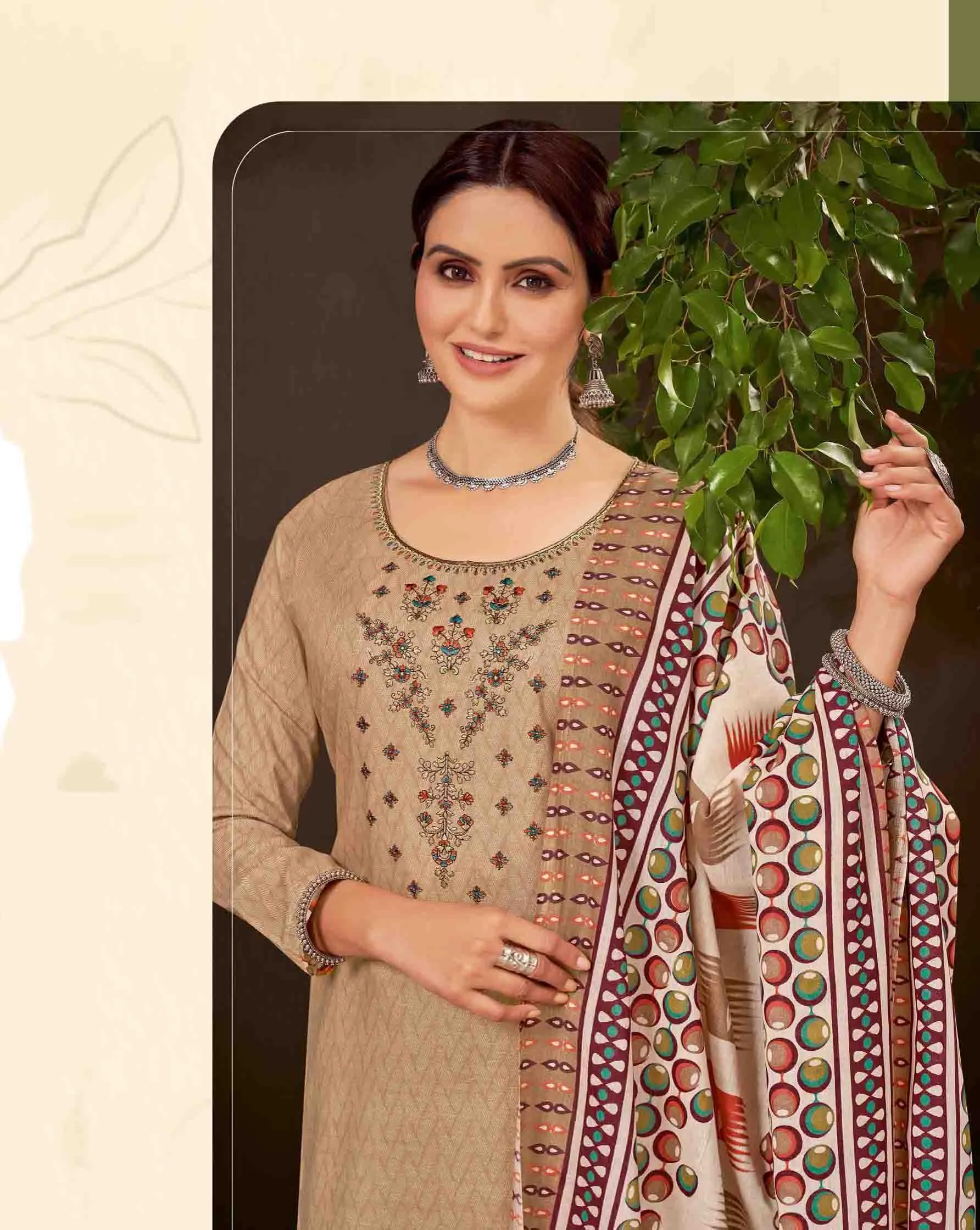 Unstitched Pure Cotton Women Beige Punjabi Suit Dress Material