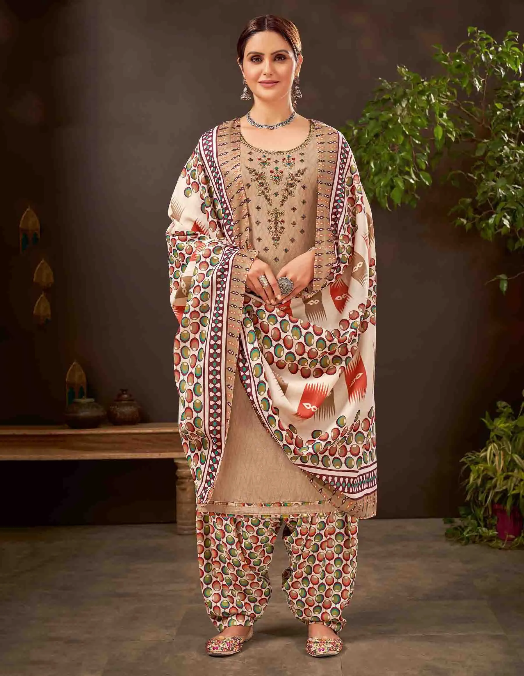 Unstitched Pure Cotton Women Beige Punjabi Suit Dress Material