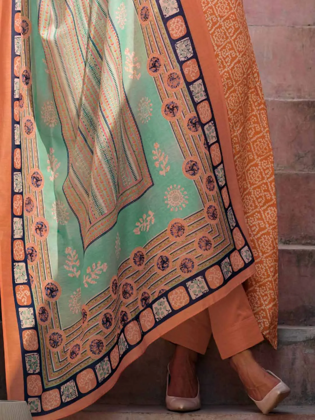 Unstitched Pure Lawn Cotton Orange Suit Material with Embroidery