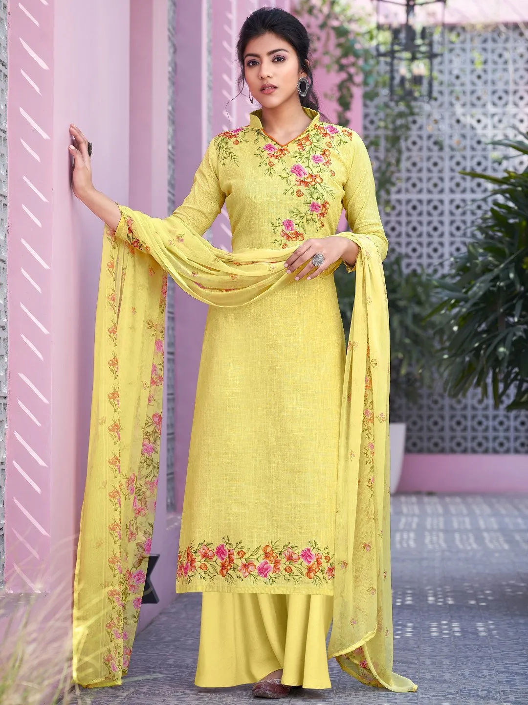 Unstitched Yellow Cotton Salwar Kameez Material