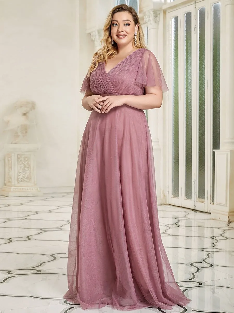 V-Neck Floor-Length Short Sleeve Tulle Bridesmaid Dresses