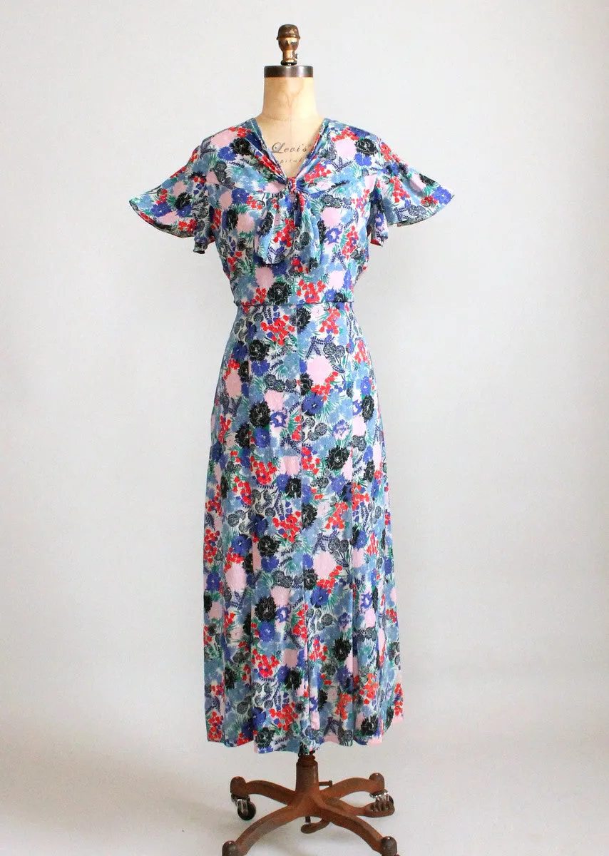 Vintage 1930s Blue, Red, and Pink Floral Crepe Dress