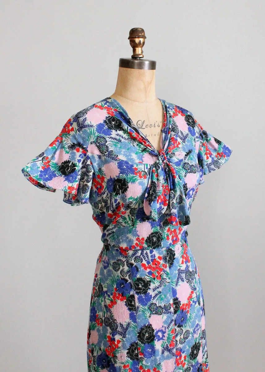 Vintage 1930s Blue, Red, and Pink Floral Crepe Dress