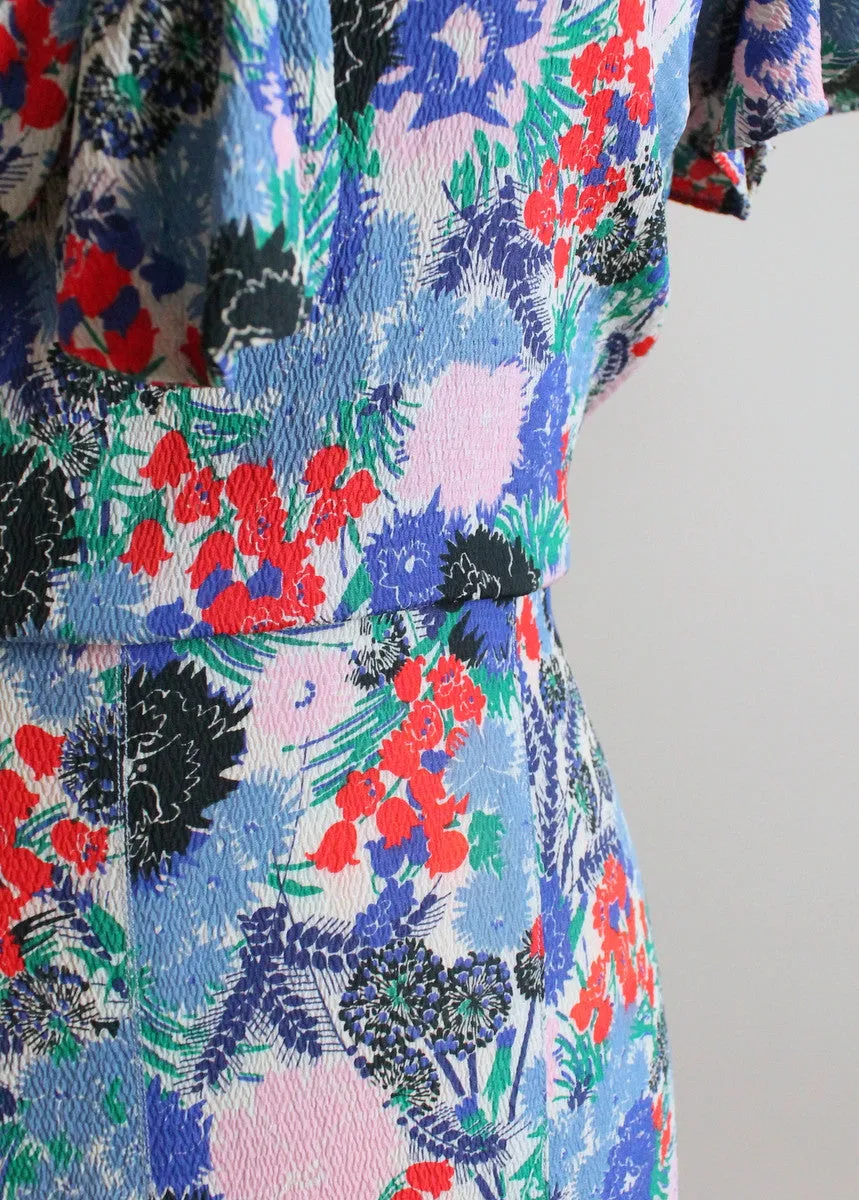 Vintage 1930s Blue, Red, and Pink Floral Crepe Dress