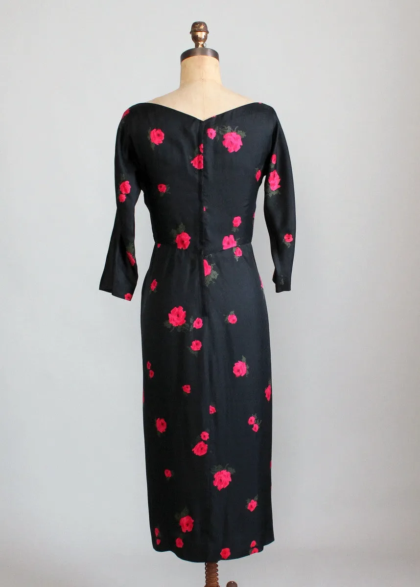 Vintage 1950s Red Rose Black Silk Cocktail Dress