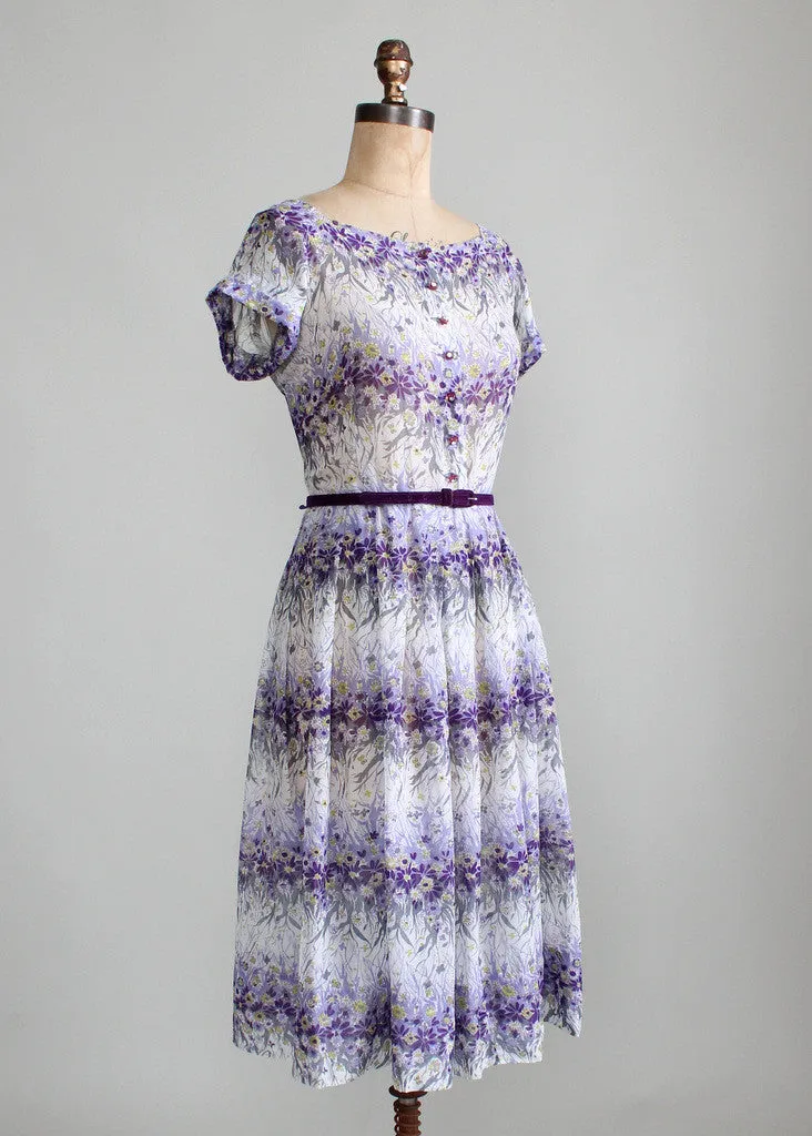 Vintage Early 1950s Nelly Don Violet Floral Sheer Dress