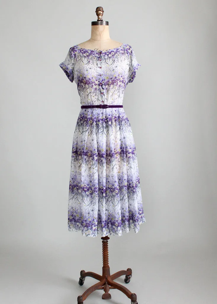 Vintage Early 1950s Nelly Don Violet Floral Sheer Dress