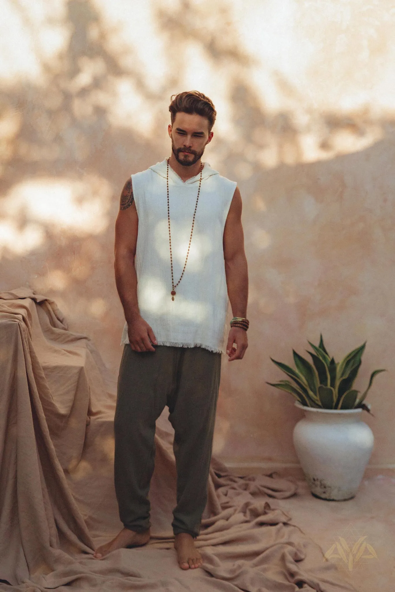 White Handwoven Cotton Sleeveless Hoody for Men