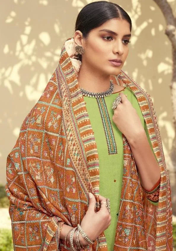 Women Green Unstitched Lawn Cotton Suits Dress Material