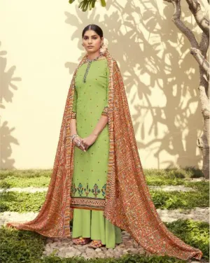 Women Green Unstitched Lawn Cotton Suits Dress Material