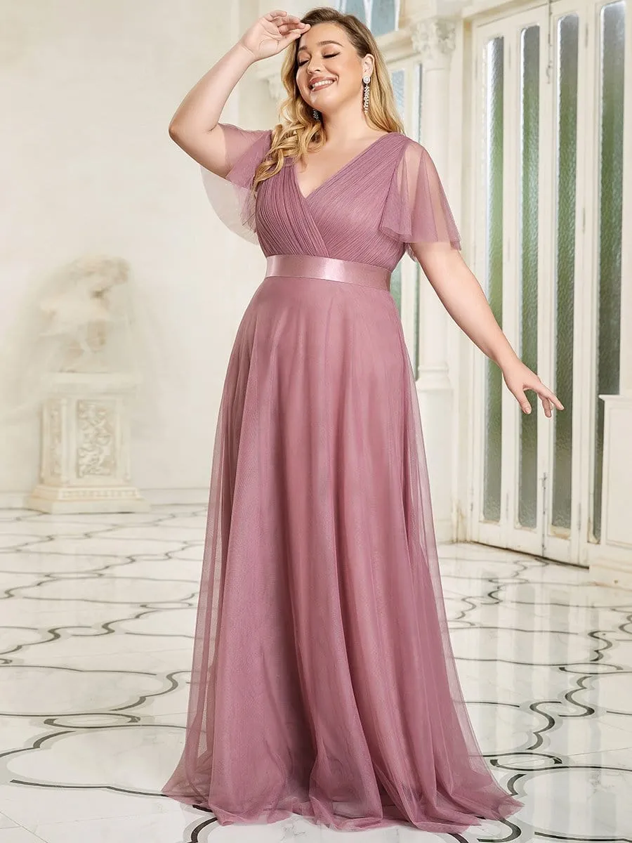 Women's Floor-Length Plus Size Bridesmaid Dress with Short Sleeve