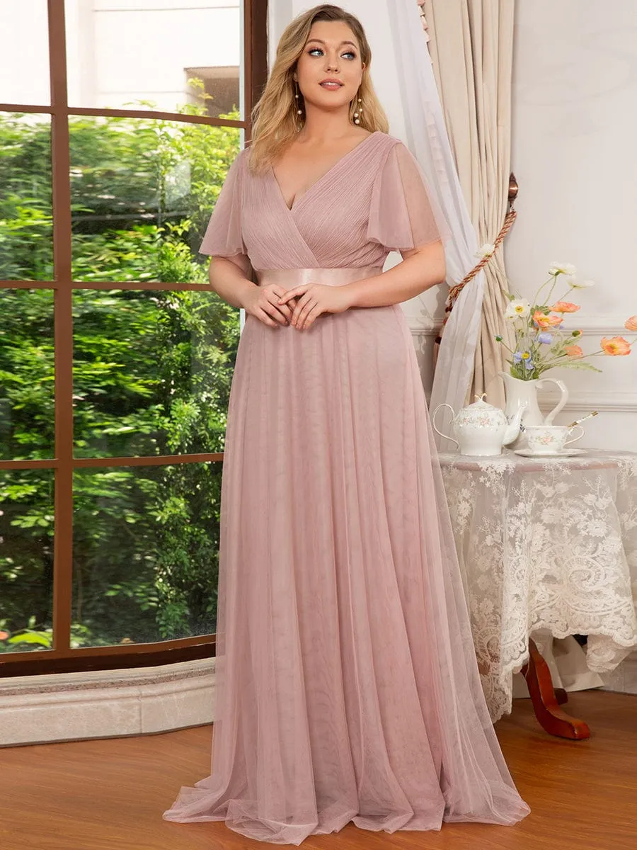 Women's Floor-Length Plus Size Bridesmaid Dress with Short Sleeve