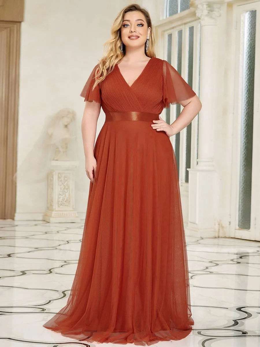 Women's Floor-Length Plus Size Bridesmaid Dress with Short Sleeve