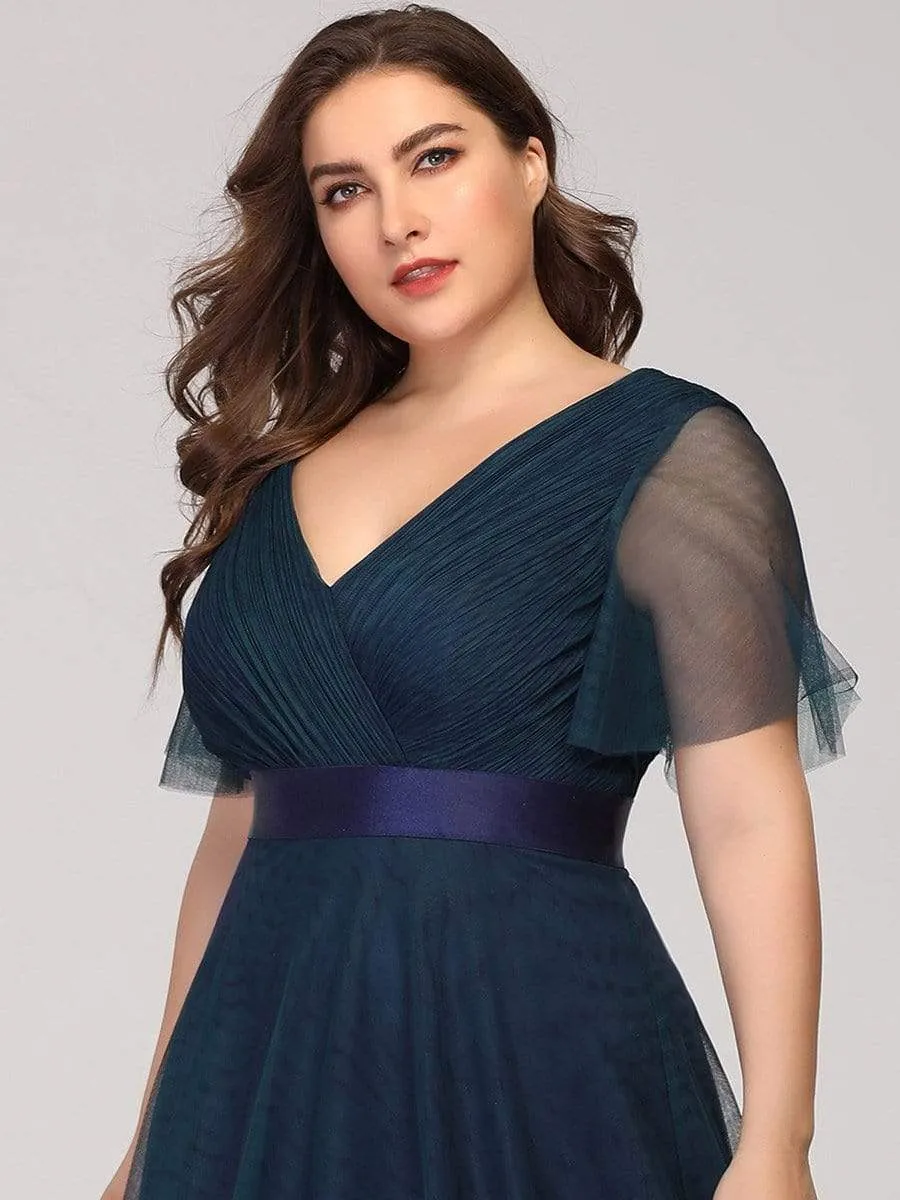 Women's Floor-Length Plus Size Bridesmaid Dress with Short Sleeve