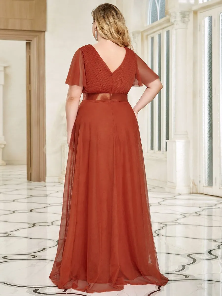 Women's Floor-Length Plus Size Bridesmaid Dress with Short Sleeve