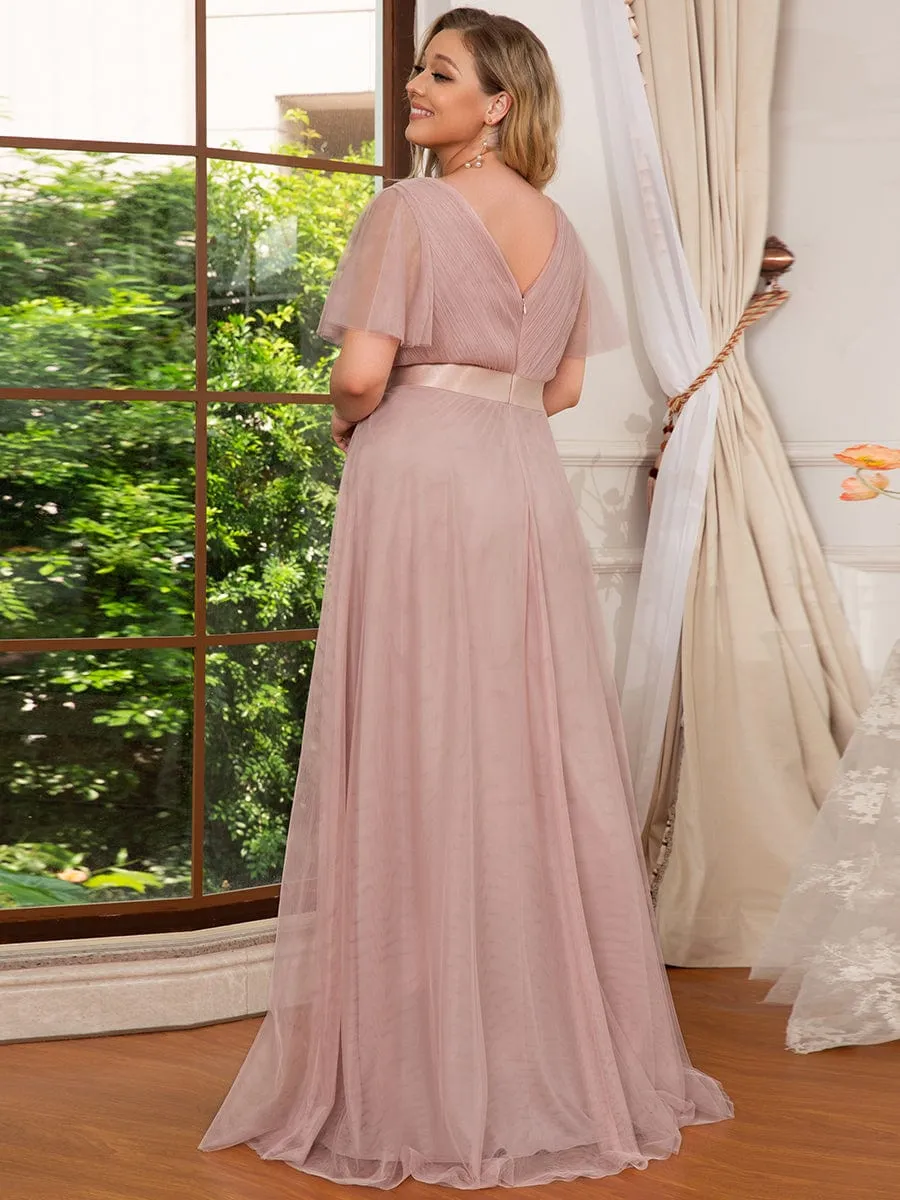 Women's Floor-Length Plus Size Bridesmaid Dress with Short Sleeve