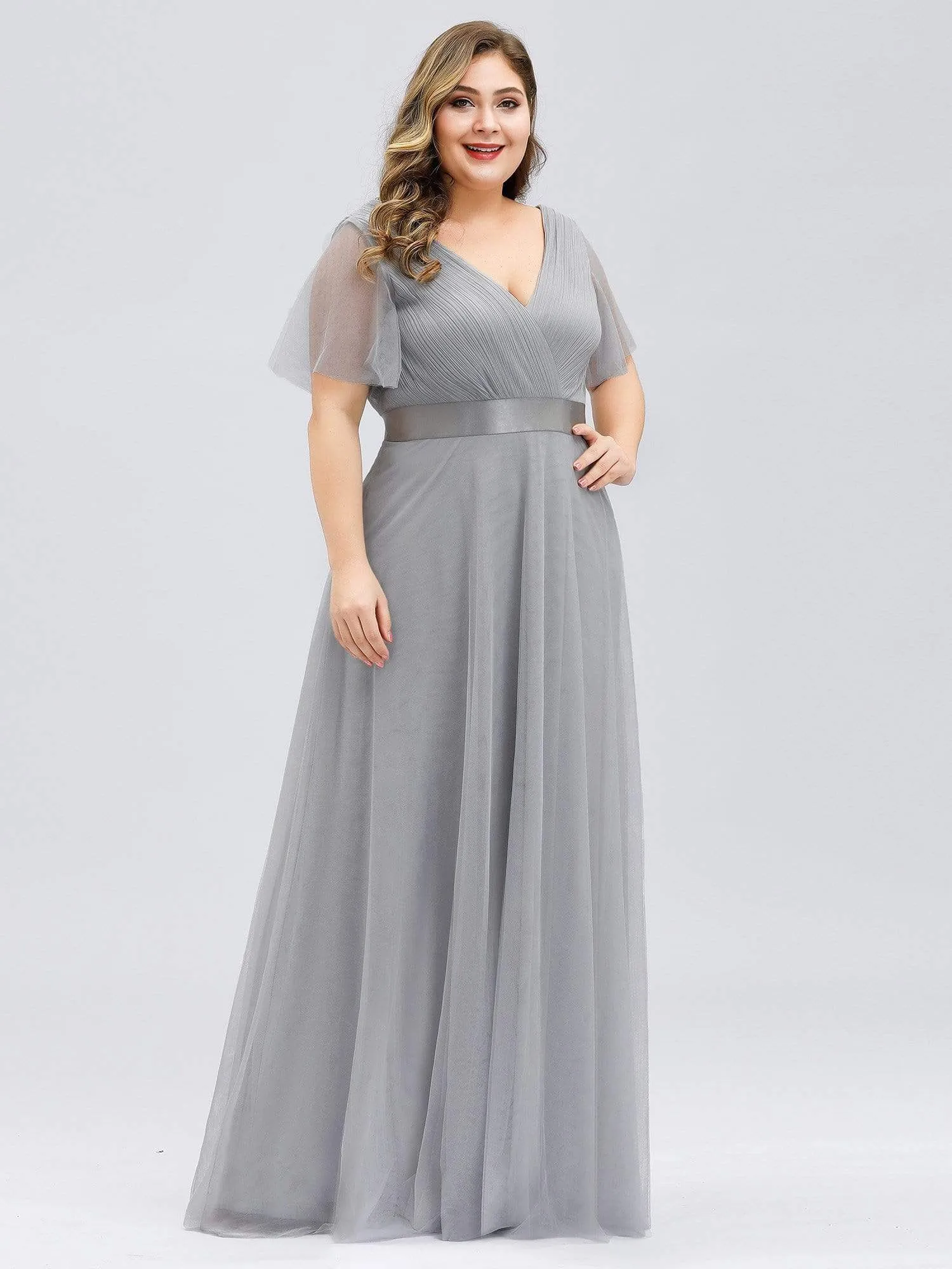 Women's Floor-Length Plus Size Bridesmaid Dress with Short Sleeve