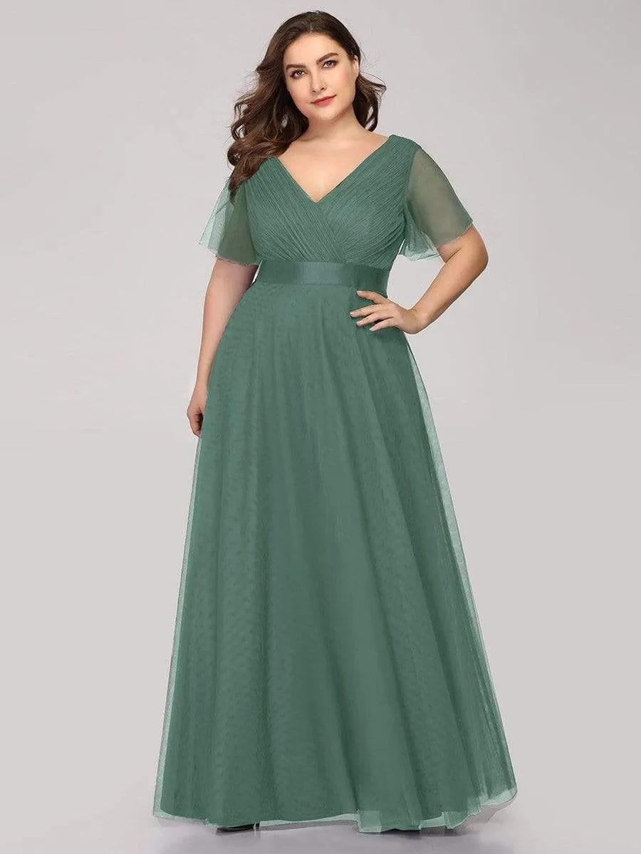 Women's Floor-Length Plus Size Bridesmaid Dress with Short Sleeve