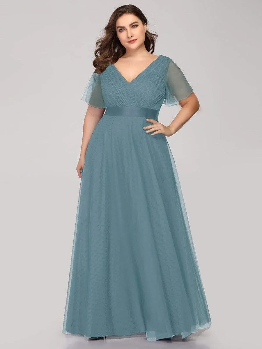 Women's Floor-Length Plus Size Bridesmaid Dress with Short Sleeve