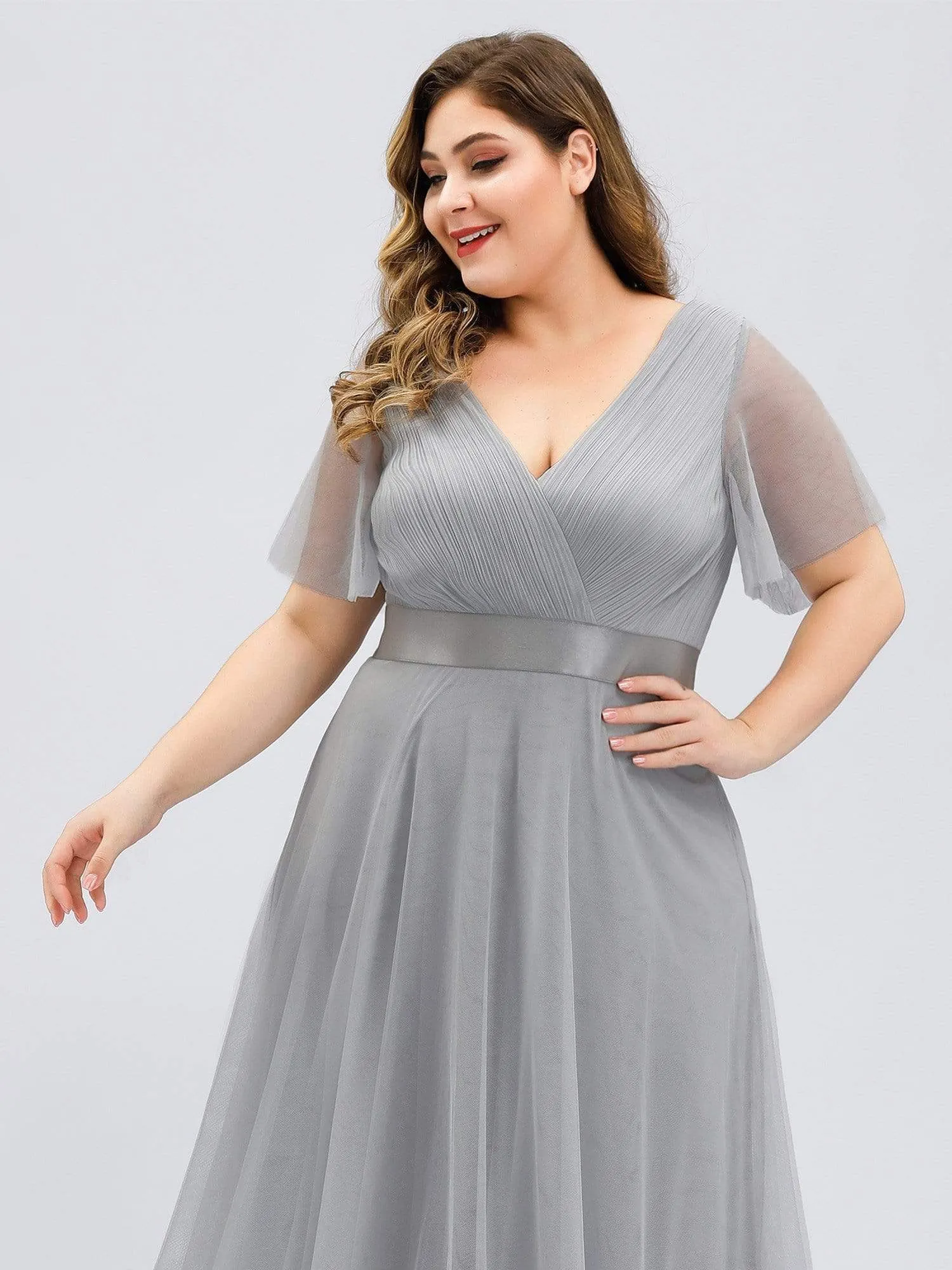 Women's Floor-Length Plus Size Bridesmaid Dress with Short Sleeve