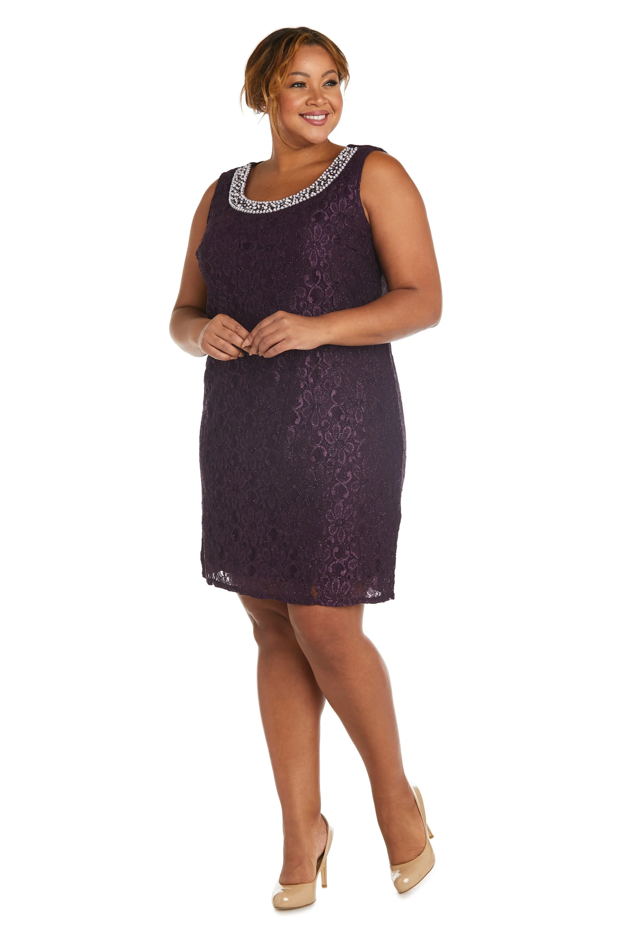 Women's Plus Size Sheer Draped Jacket and Pearl-Embellished Lace Shift Dress