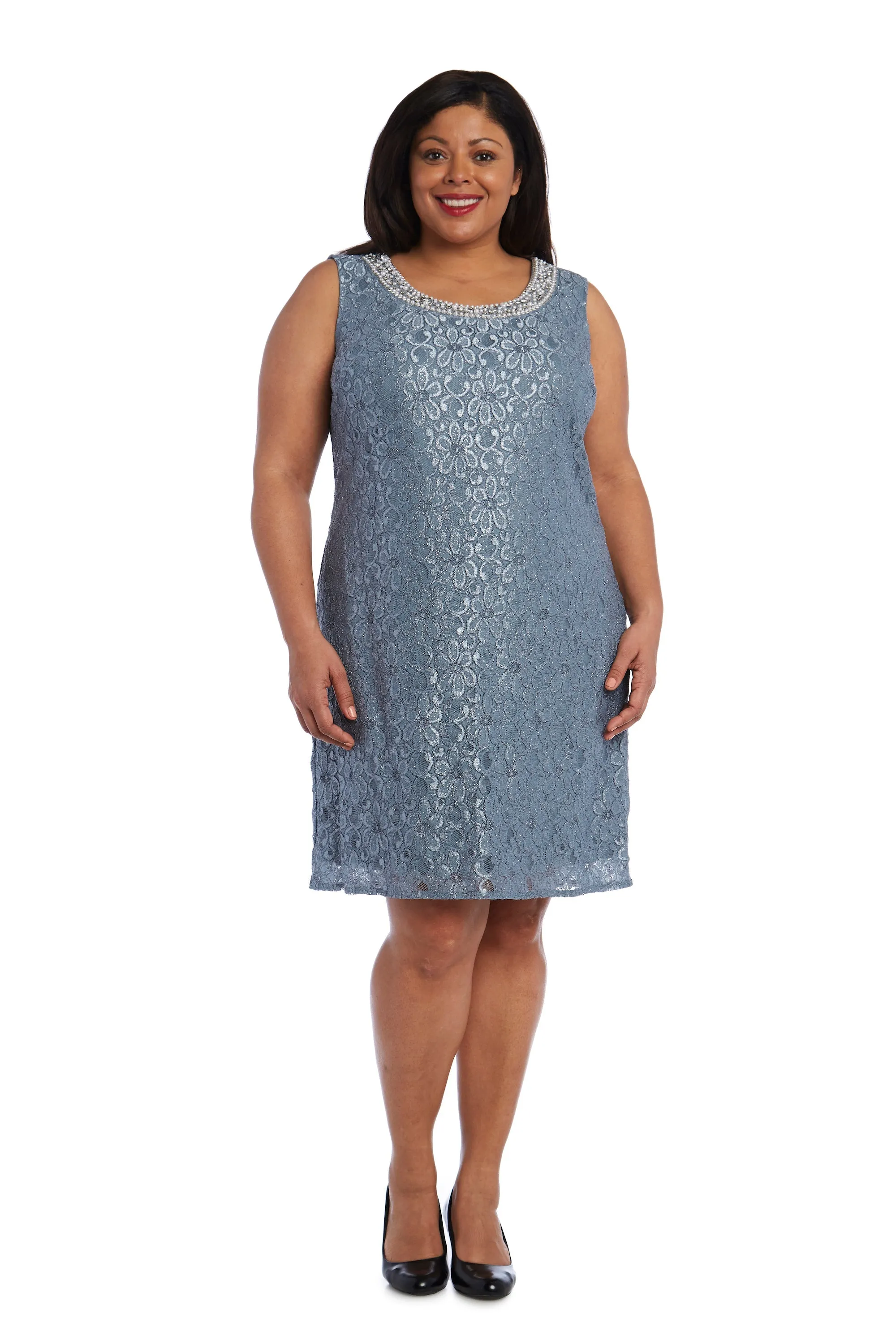 Women's Plus Size Sheer Draped Jacket and Pearl-Embellished Lace Shift Dress