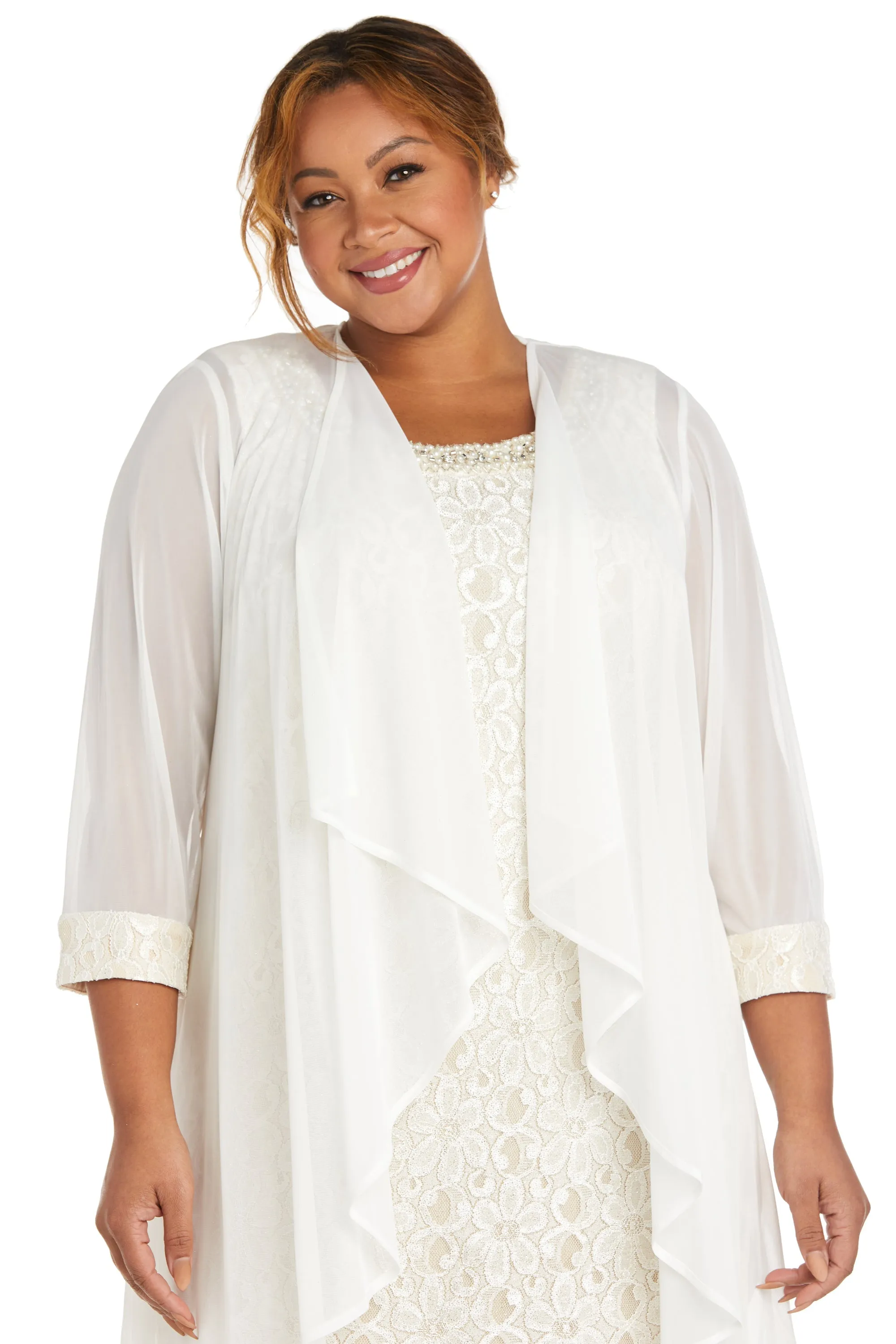 Women's Plus Size Sheer Draped Jacket and Pearl-Embellished Lace Shift Dress