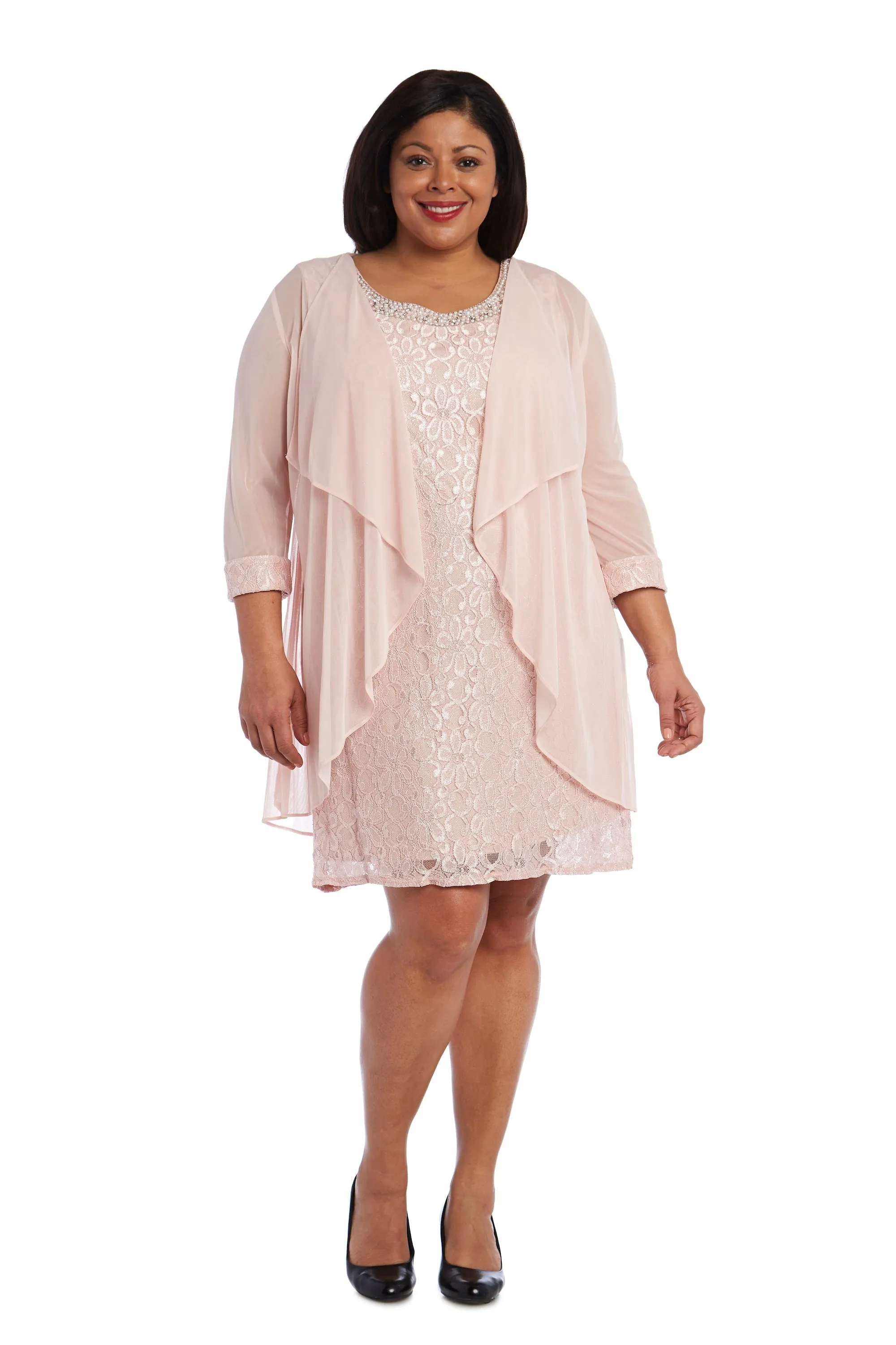 Women's Plus Size Sheer Draped Jacket and Pearl-Embellished Lace Shift Dress