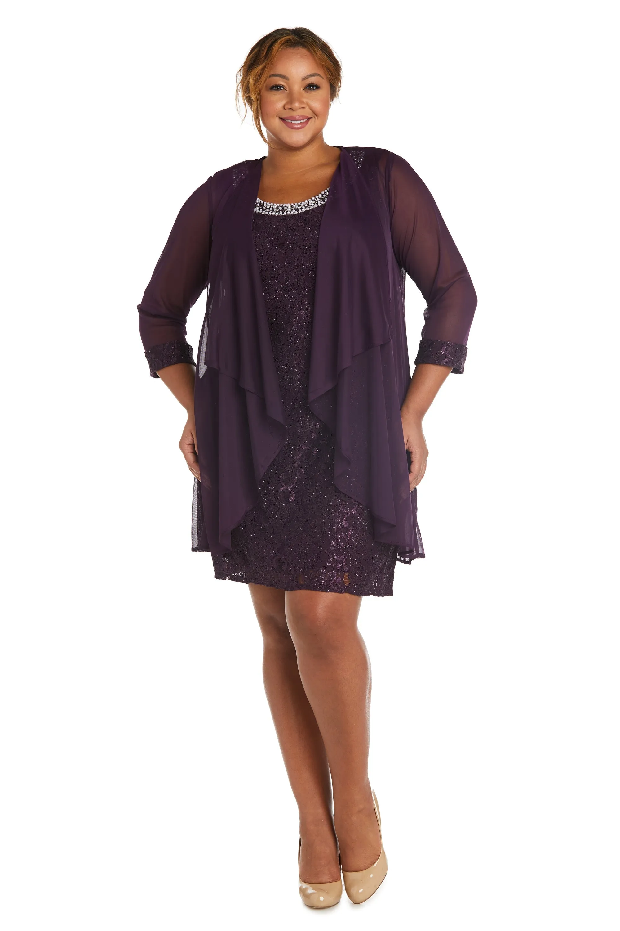 Women's Plus Size Sheer Draped Jacket and Pearl-Embellished Lace Shift Dress