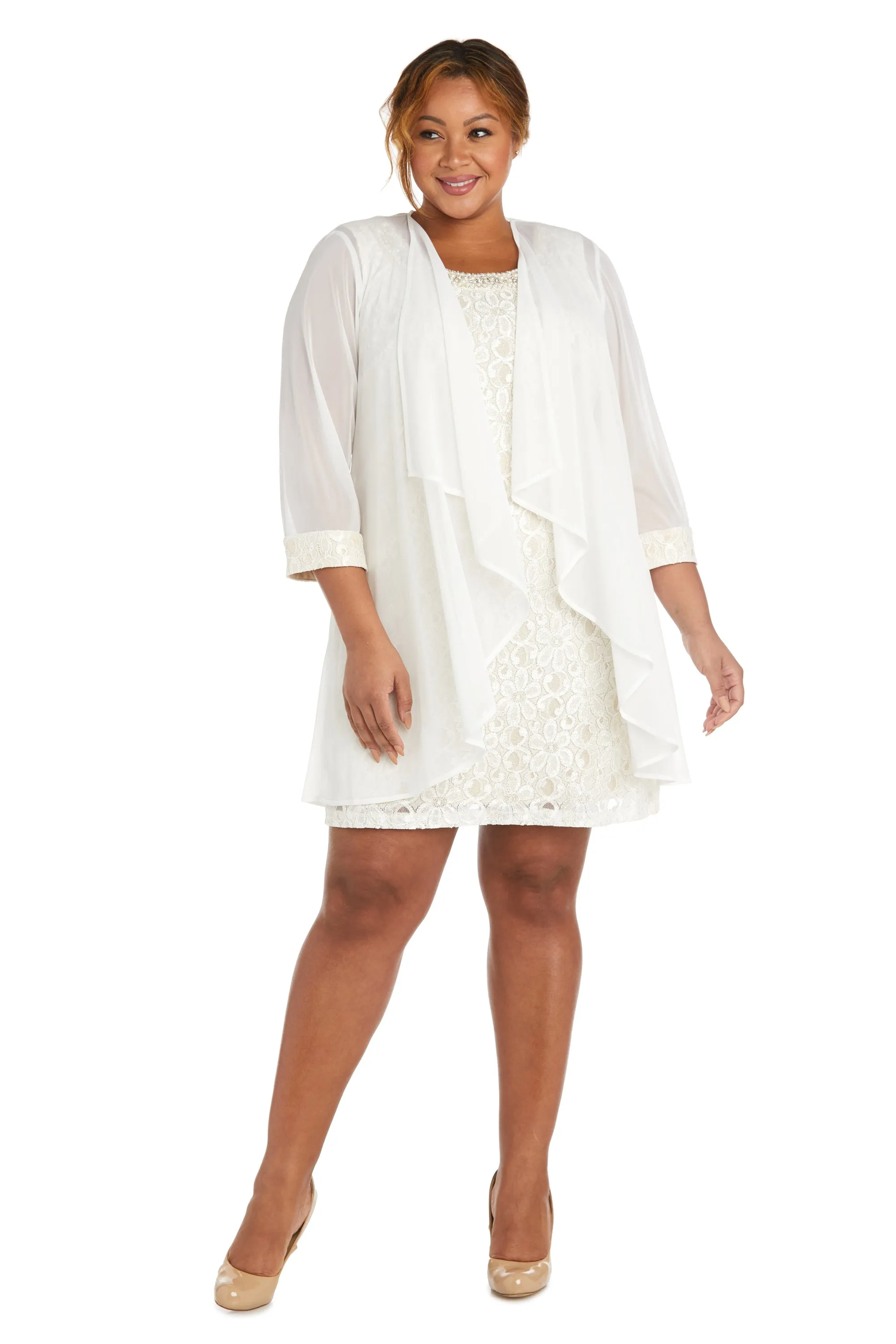 Women's Plus Size Sheer Draped Jacket and Pearl-Embellished Lace Shift Dress