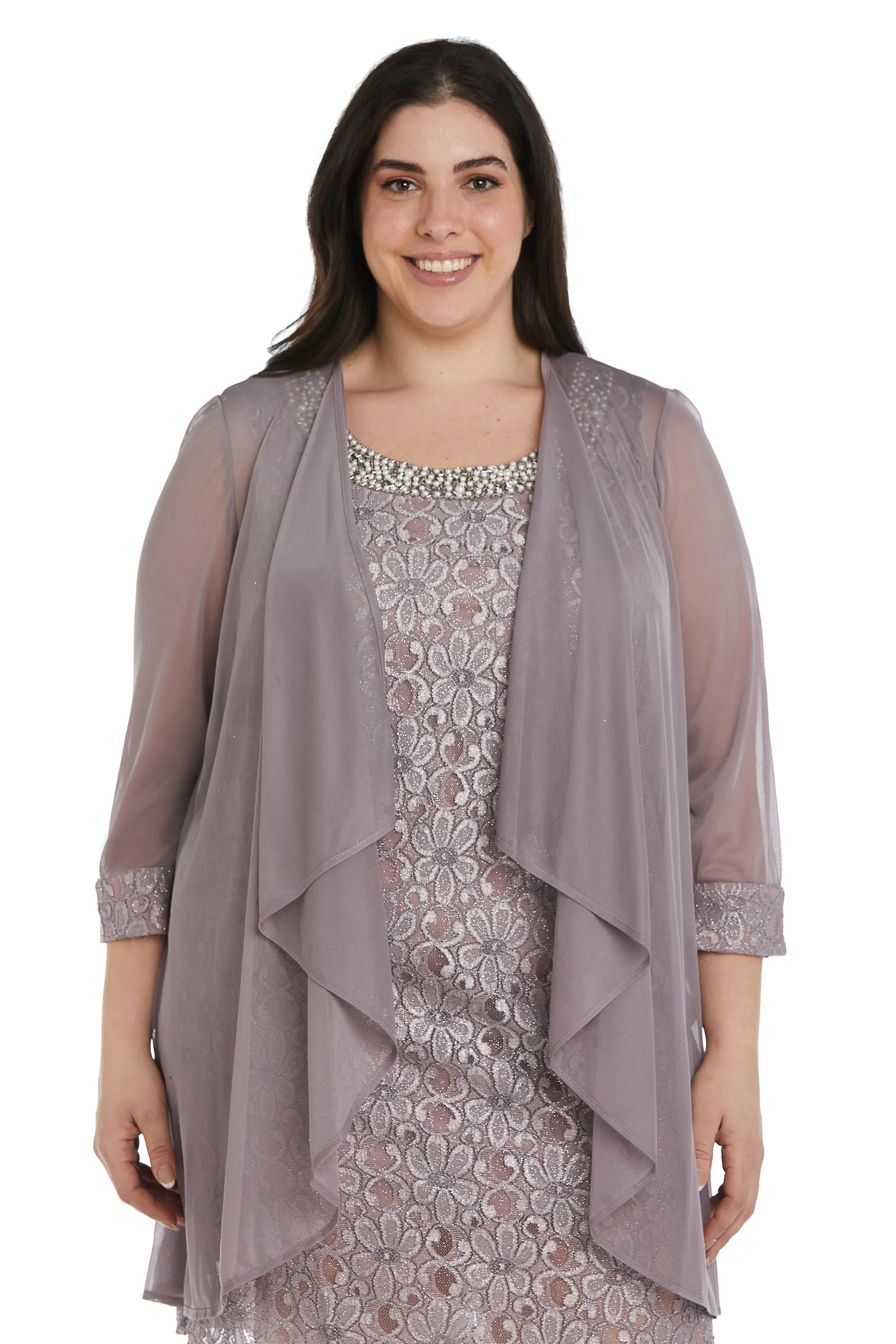 Women's Plus Size Sheer Draped Jacket and Pearl-Embellished Lace Shift Dress