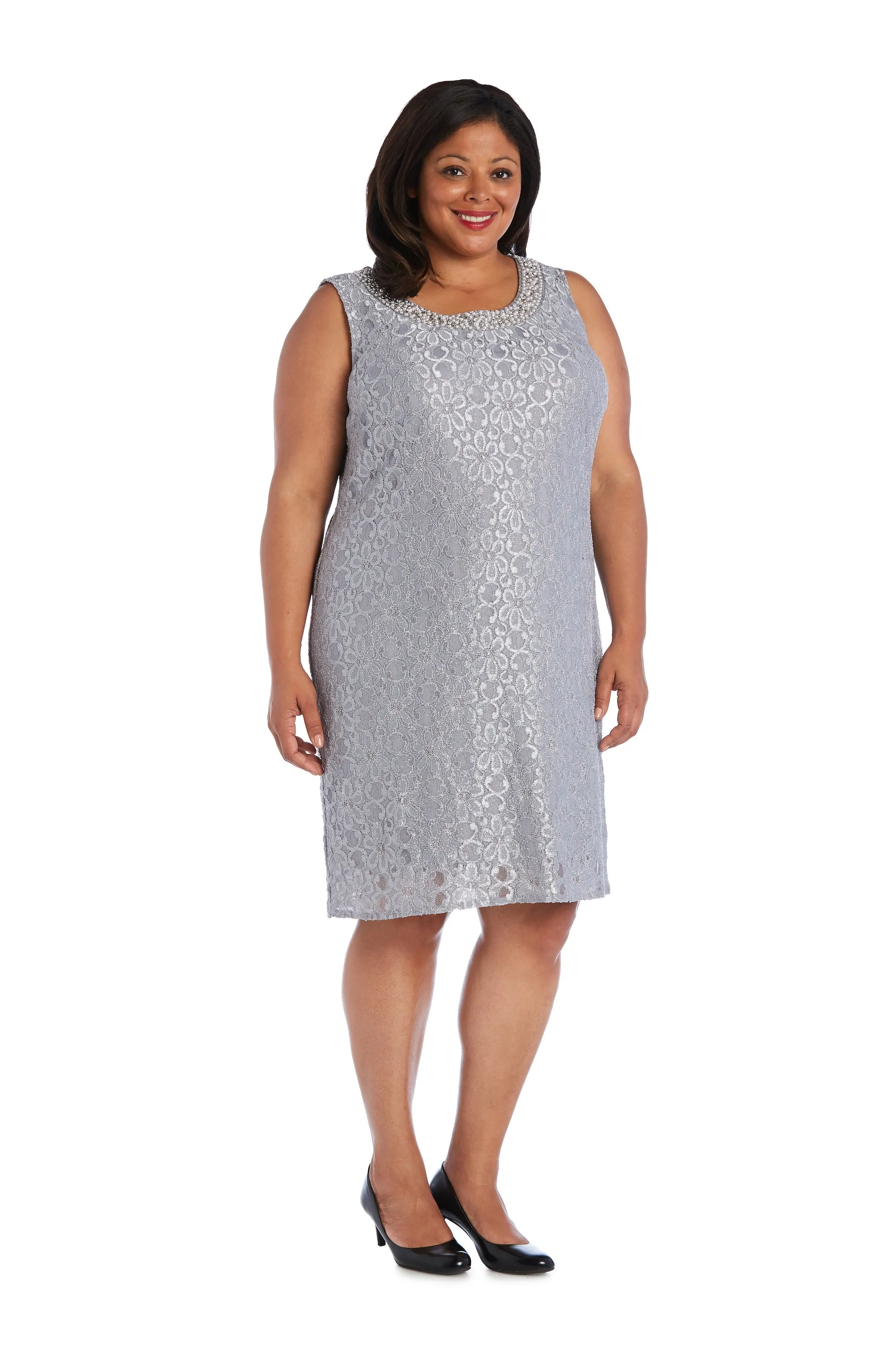 Women's Plus Size Sheer Draped Jacket and Pearl-Embellished Lace Shift Dress