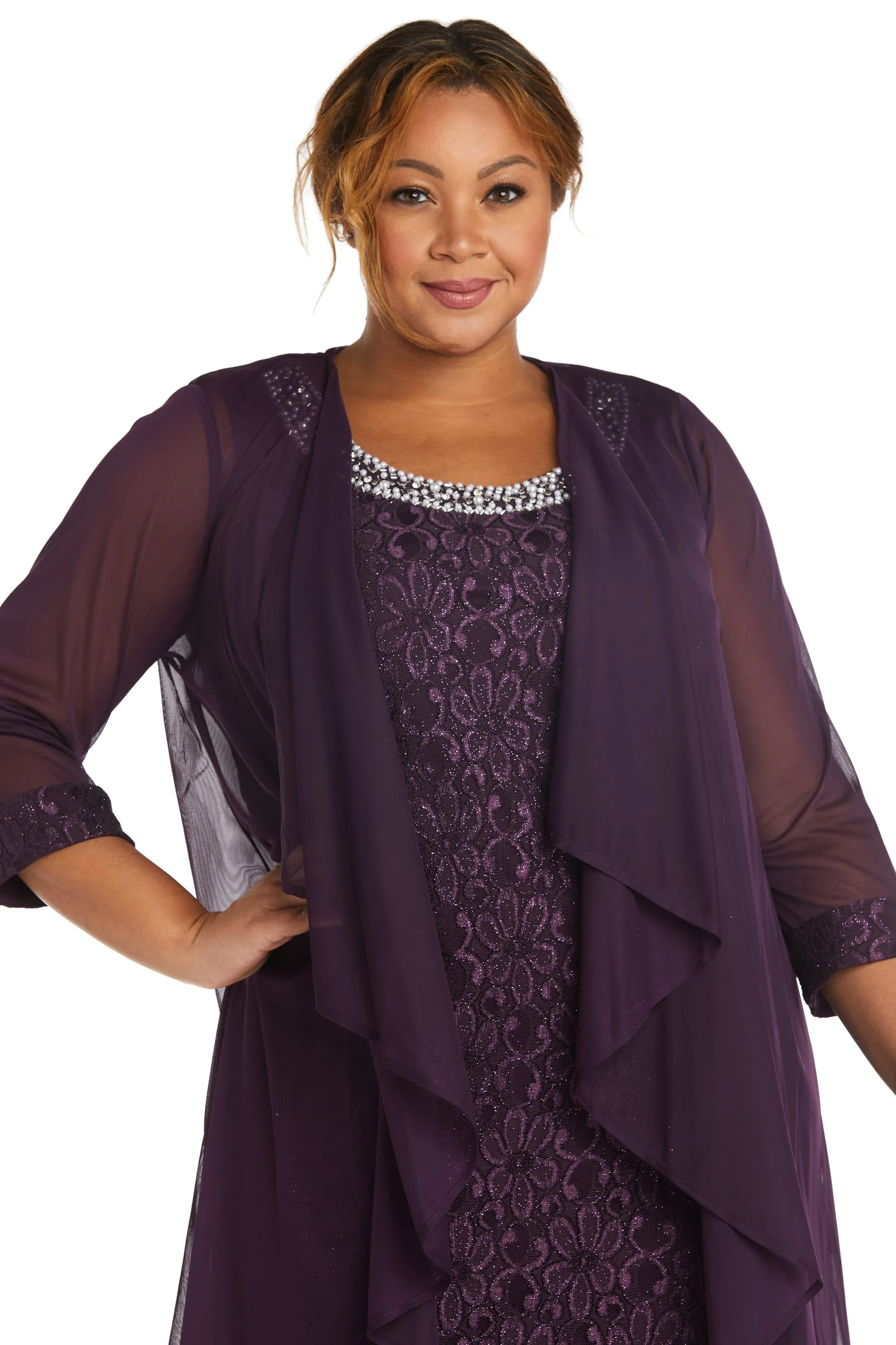 Women's Plus Size Sheer Draped Jacket and Pearl-Embellished Lace Shift Dress