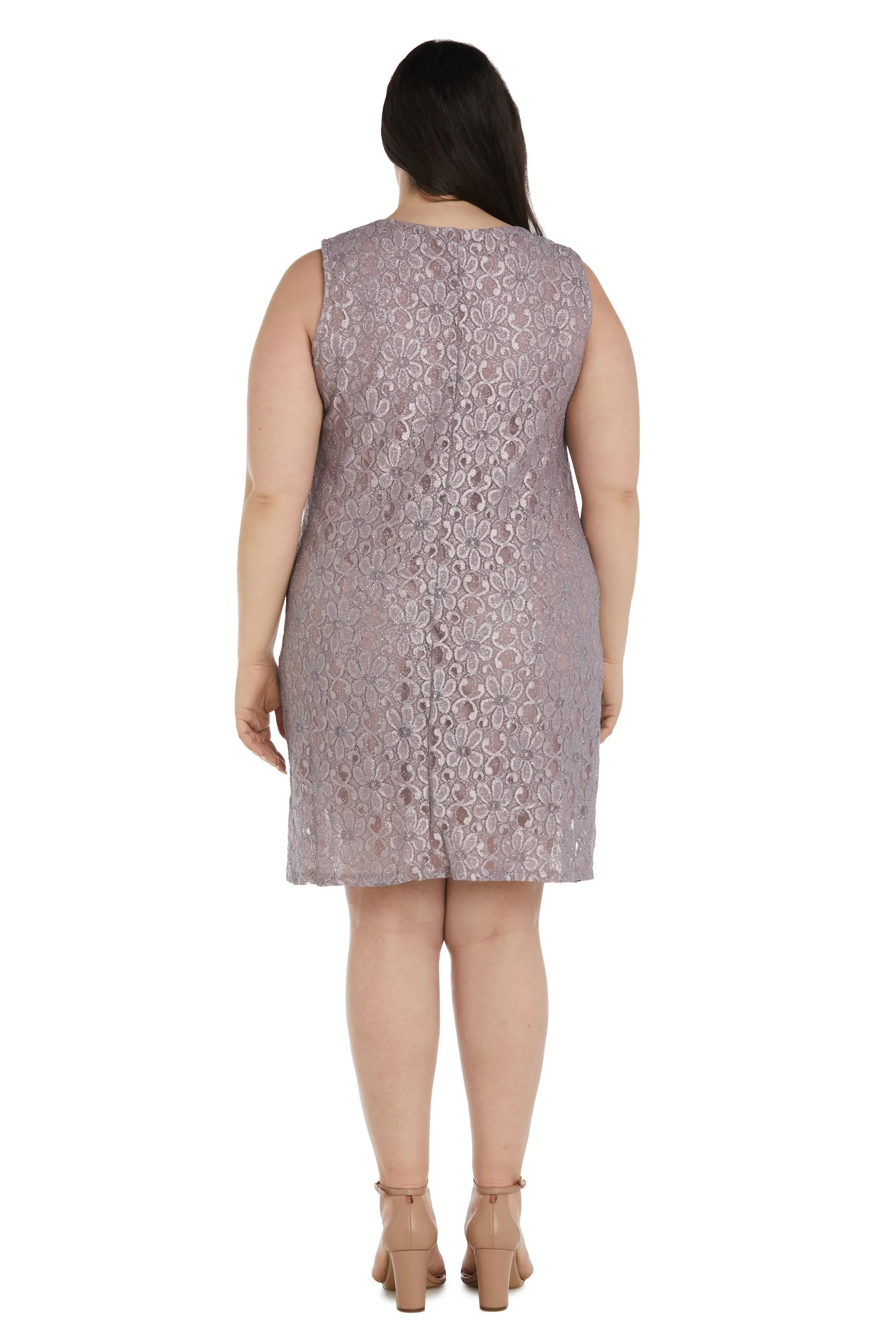 Women's Plus Size Sheer Draped Jacket and Pearl-Embellished Lace Shift Dress