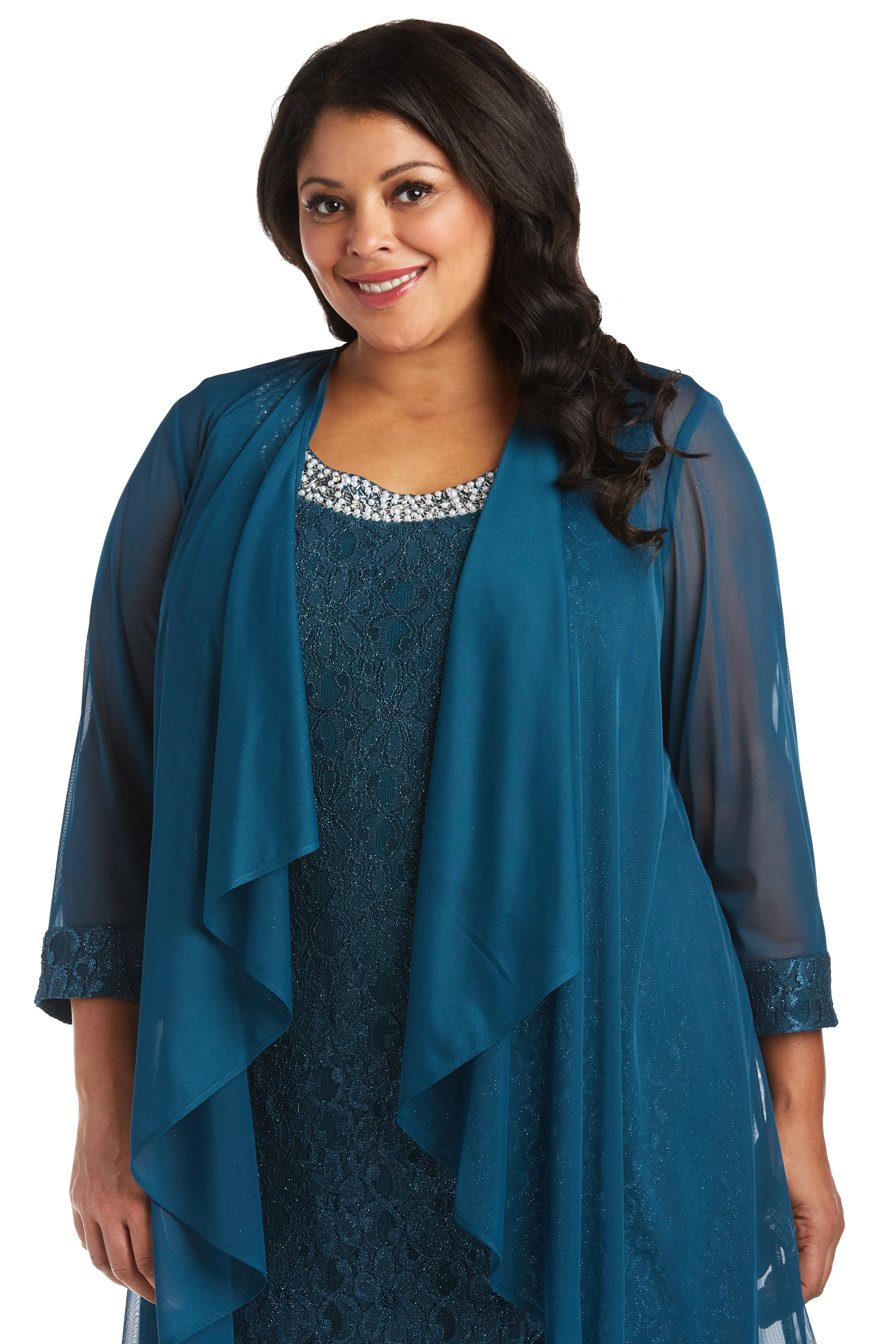 Women's Plus Size Sheer Draped Jacket and Pearl-Embellished Lace Shift Dress