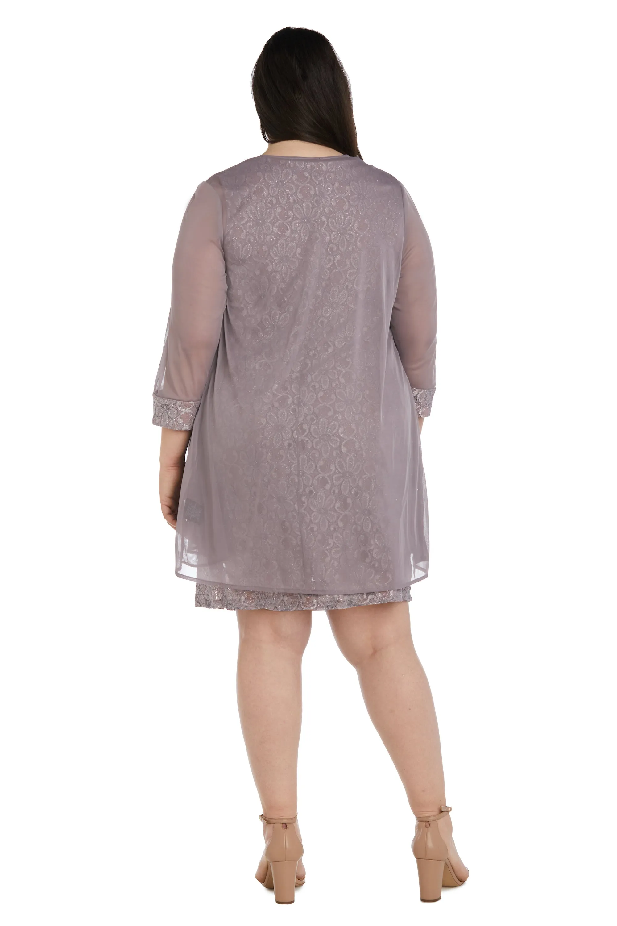 Women's Plus Size Sheer Draped Jacket and Pearl-Embellished Lace Shift Dress