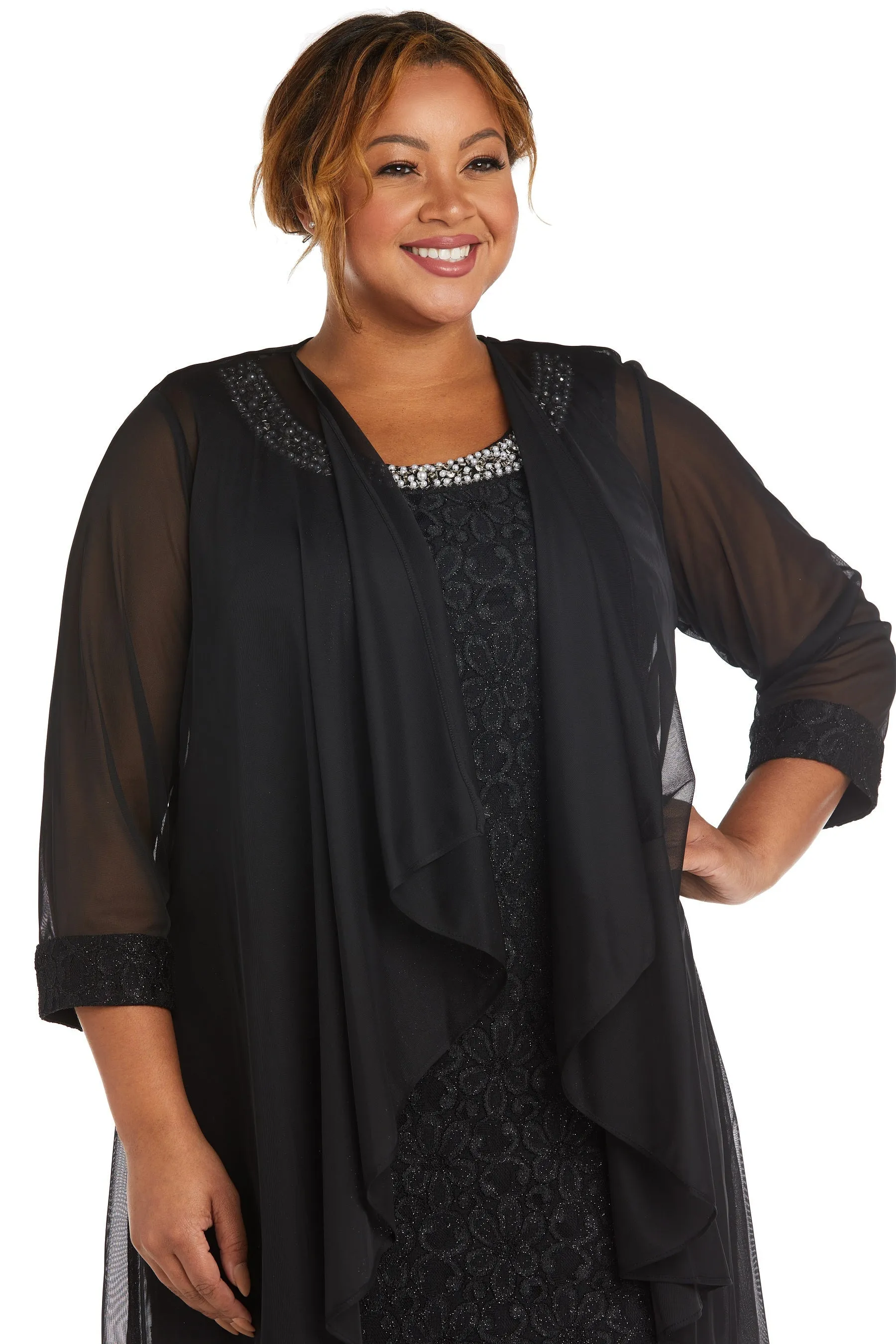 Women's Plus Size Sheer Draped Jacket and Pearl-Embellished Lace Shift Dress