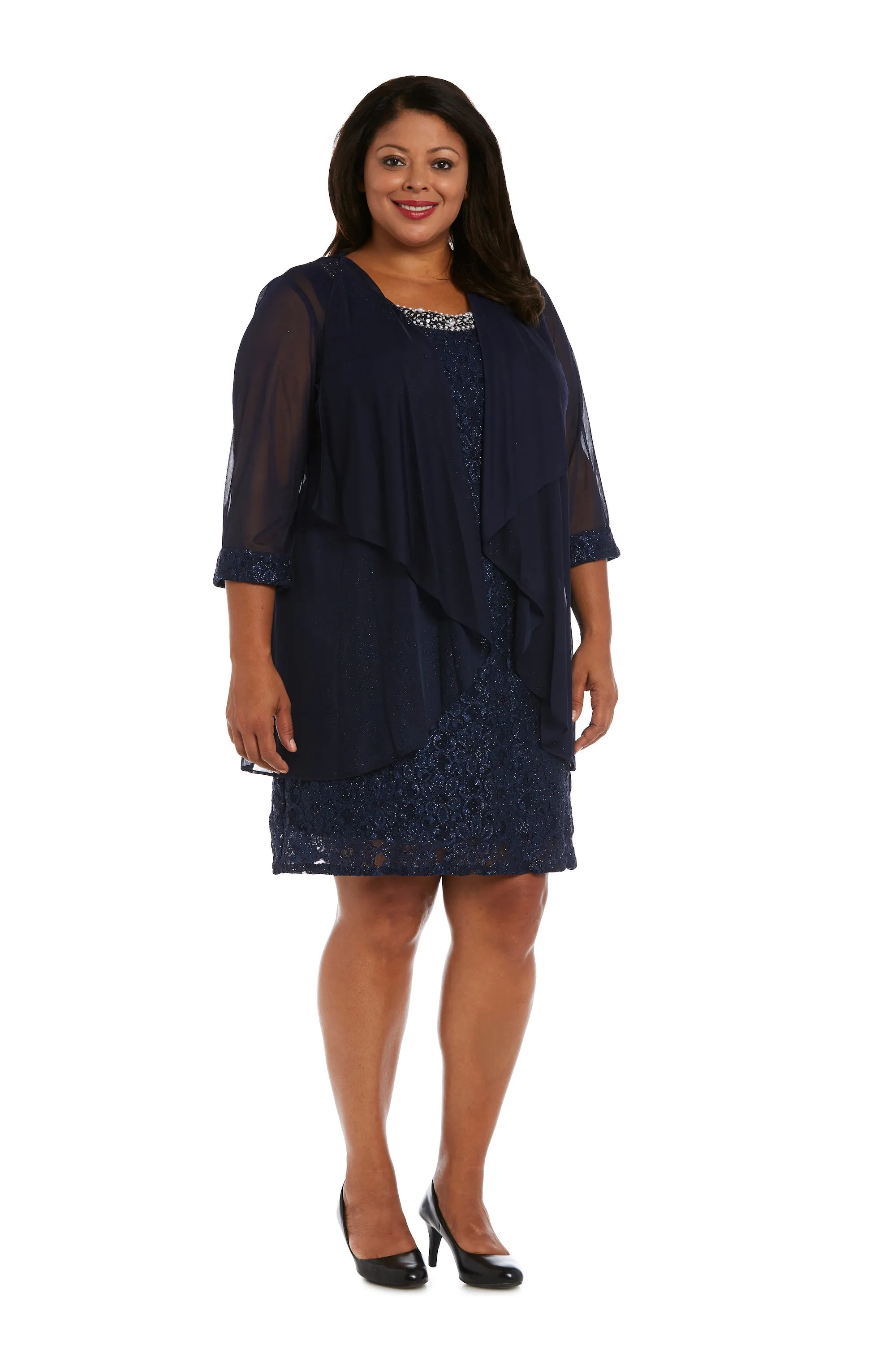 Women's Plus Size Sheer Draped Jacket and Pearl-Embellished Lace Shift Dress