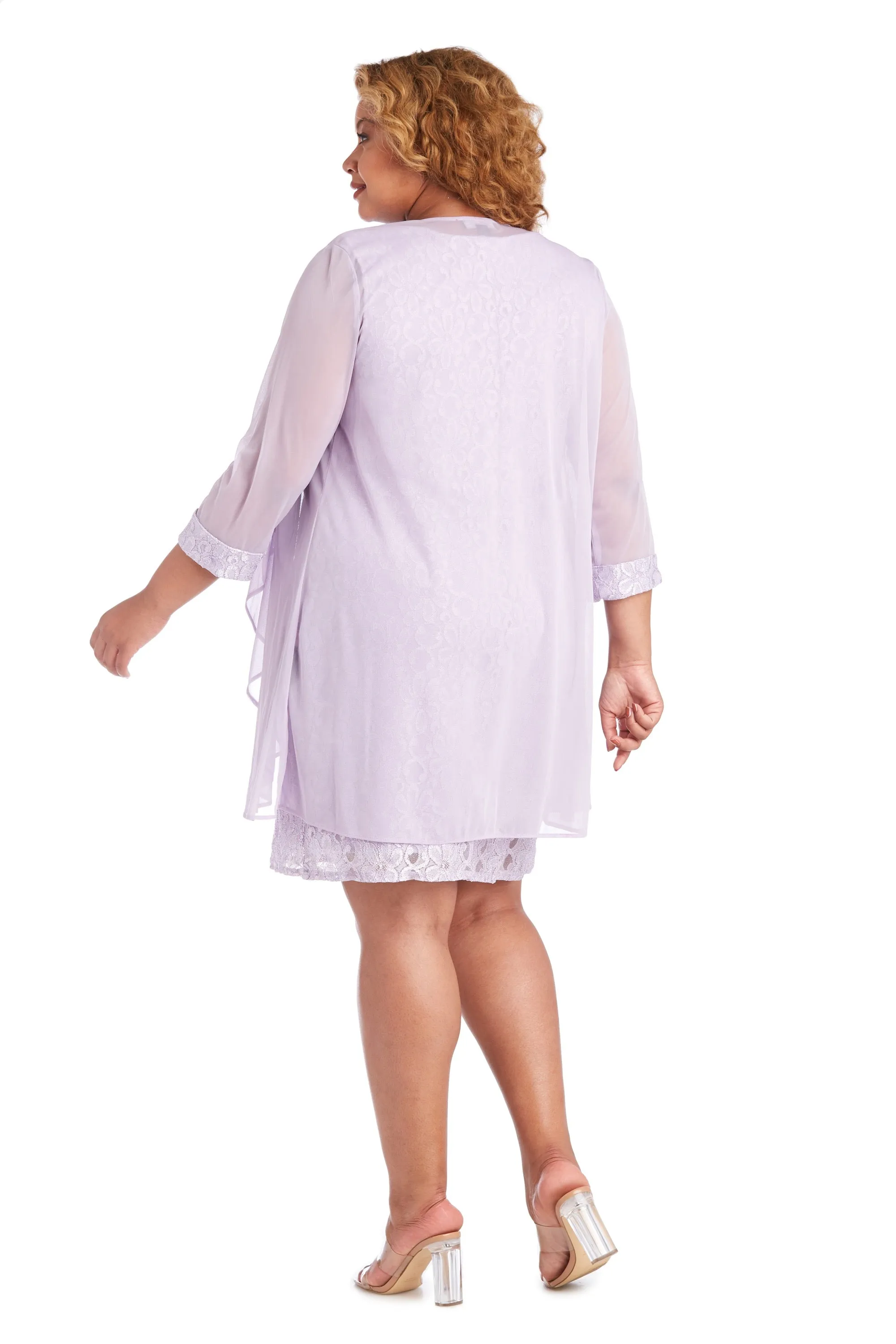 Women's Plus Size Sheer Draped Jacket and Pearl-Embellished Lace Shift Dress